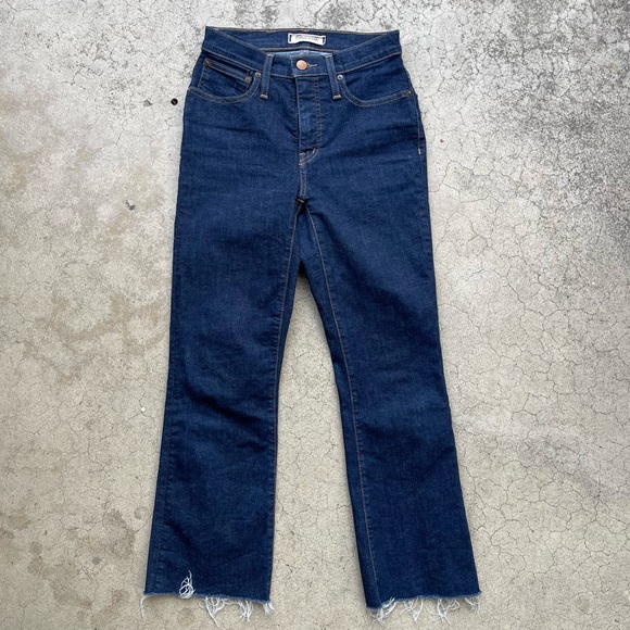 Madewell Cali Demi Boot Denim Jeans Dark wash Raw Hem Size 24 casual Preowned - Picture 1 of 5